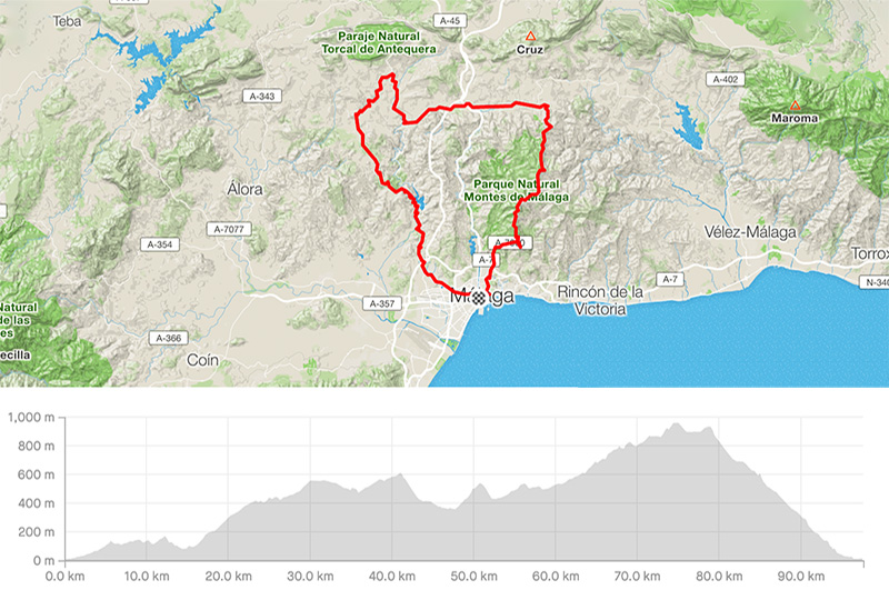 Cycling map for road bike routes Malaga – Malaga-Almogia-Casabermeja-Colmenar