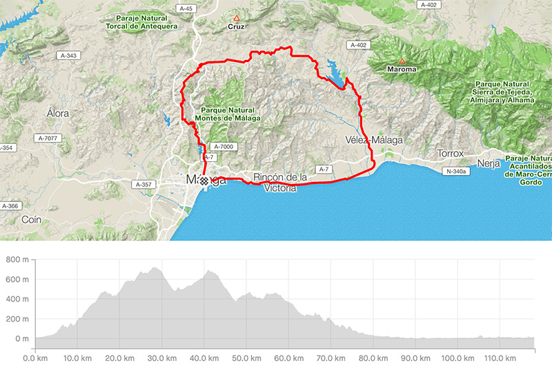 Advanced guided road bike tour from Malaga to Axarquia map
