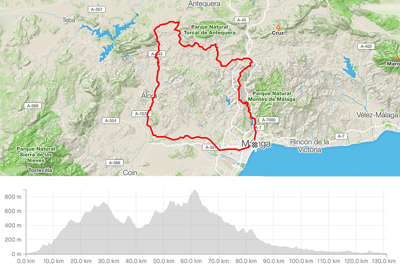 Cycling map for road bike routes Malaga – Casabermeja-Villanueva-Valle del Abdalajiz