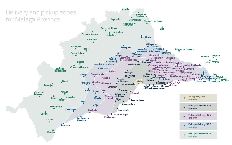 Fietsverhuur en bezorgservice – Andalusia kaart en zones