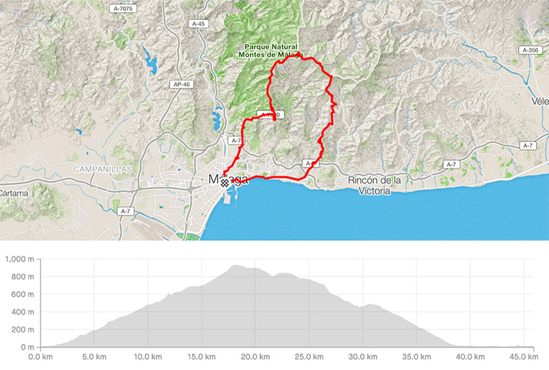 Karte für die Rennradroute Malaga – Malaga-Fuente de la Reina-Olias