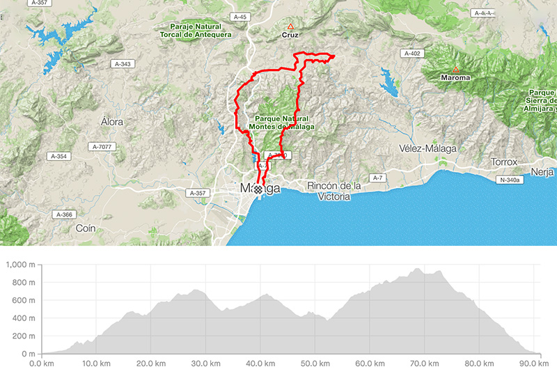 Karte für die Rennradroute Malaga-Casabermeja-Puerto del Leon