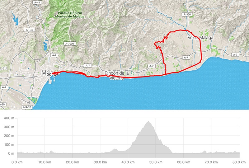 Cycling map for road bike routes Malaga – Malaga-Benamocarra-Iznate-Cajiz-Benajarafe