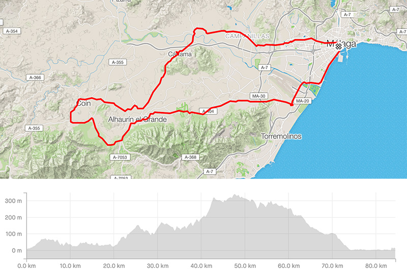 Cycling map for road bike routes Malaga – Campanillas-Cartama-Alhaurin