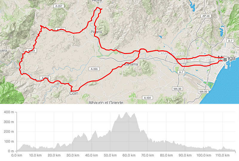 Cycling map for road bike routes Malaga – Cartama-Coin-Zalozaina-Pizarra-Aljaima