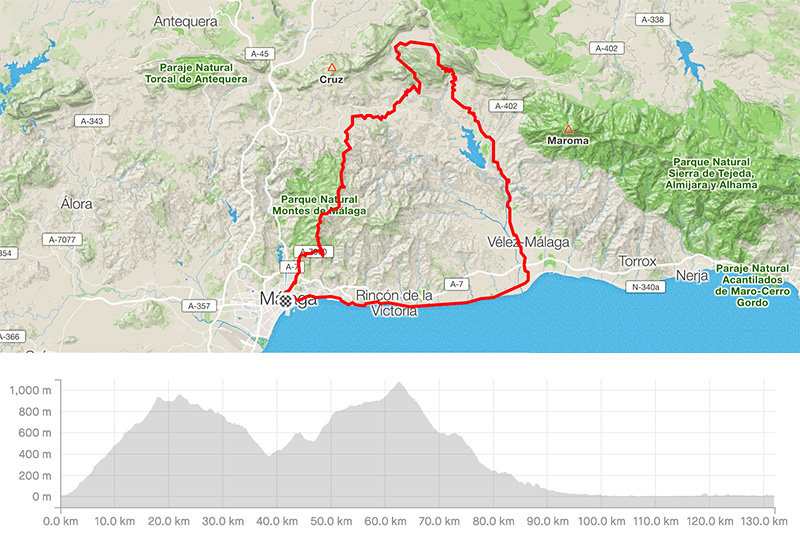 Cycling map for road bike routes Malaga – Riogordo-Viñuela-Torre del Mar