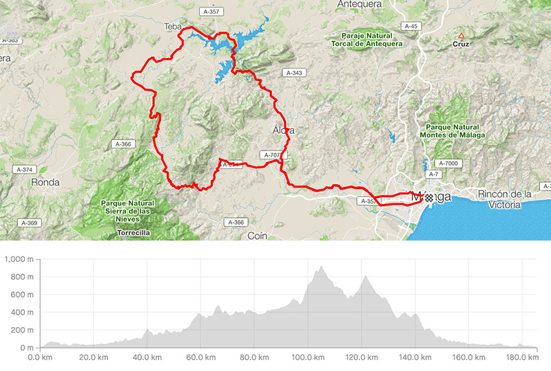 Cycling map for road bike routes Malaga – El Chorro-Teba-El Burgo-Alozaina