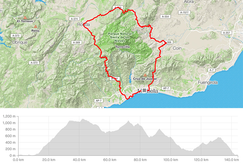 Cycling map for road bike routes Marbella-Ronda-El Burgo-Marbella