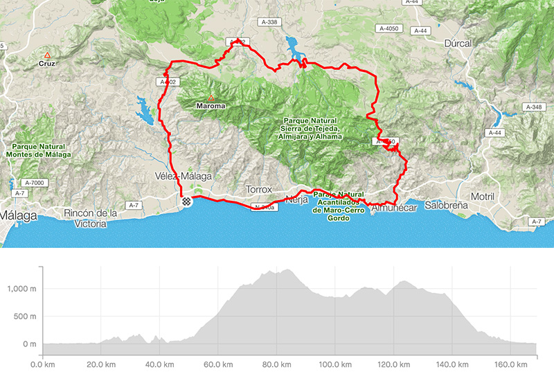 Cycling map for road bike routes Malaga Costa del Sol - Alhama de Granada