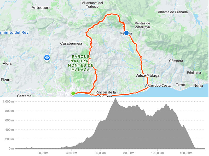 Cycling map for road bike routes Malaga - Puerto del Sol