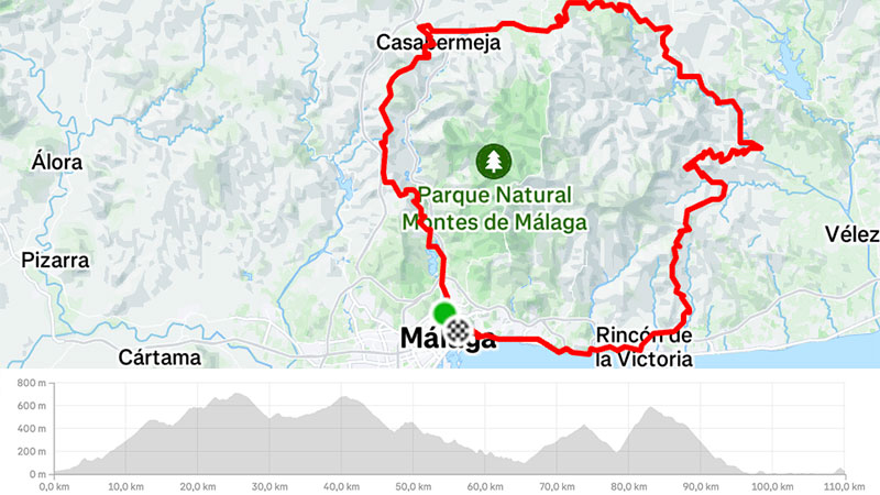 Cycling map for road bike routes Malaga 