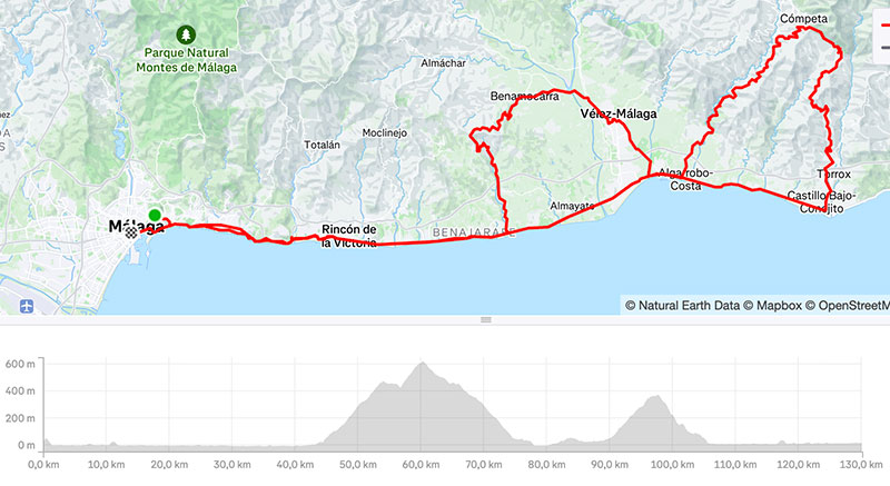 Cycling map for road bike routes Malaga – El Bikini