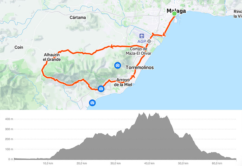 Cycling map for road bike routes Malaga – 2x Alhaurin – Mijas