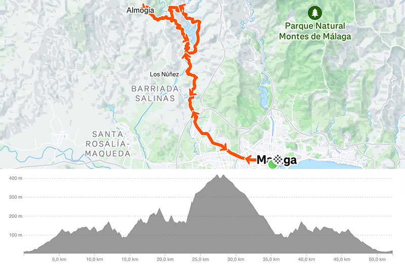 Cycling map for road bike routes Malaga – Casasola – Almogia
