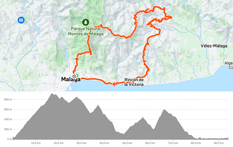 Cycling map for road bike routes Malaga – Casasola – Almogia